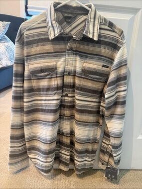 Men’s Eddie Bauer Neutral Striped  Shirt Jacket - Gray, Cream, Brown size Medium